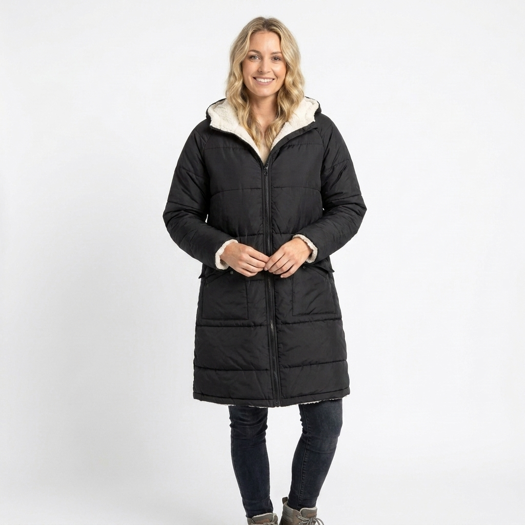 Women's Black Puffer Jacket – Long Quilted Coat with Hood for Winter 0