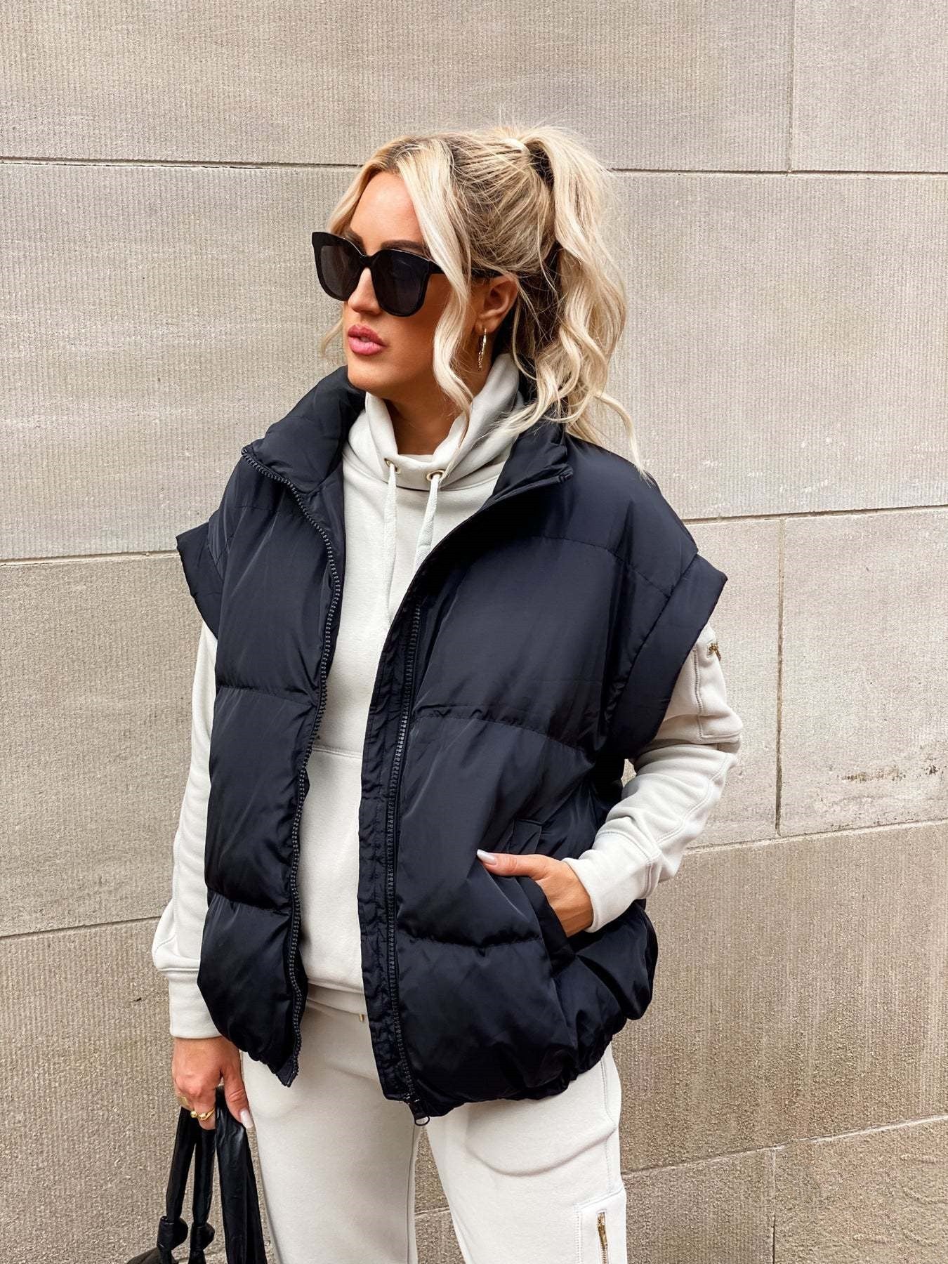 Women's Black Puffer Vest – Lightweight Quilted Layer with Stand Collar and Zip Front 2