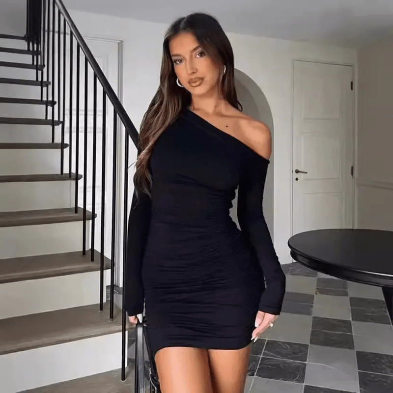 Women's Cocktail Dress – One Shoulder Long Sleeve Mini Dress for Party Wear 1