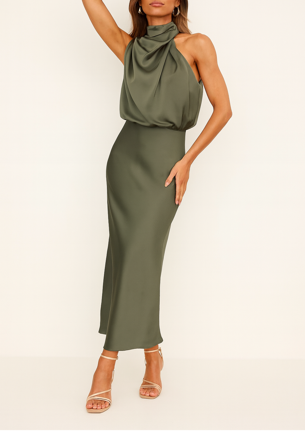 Women's Cocktail Dress – Satin Midi Dress with Draped Bodice for Formal Events 1