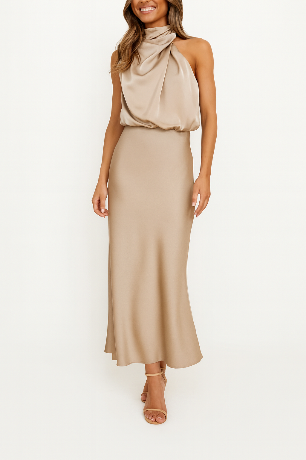 Women's Cocktail Dress – Satin Midi Dress with Draped Bodice for Formal Events 2