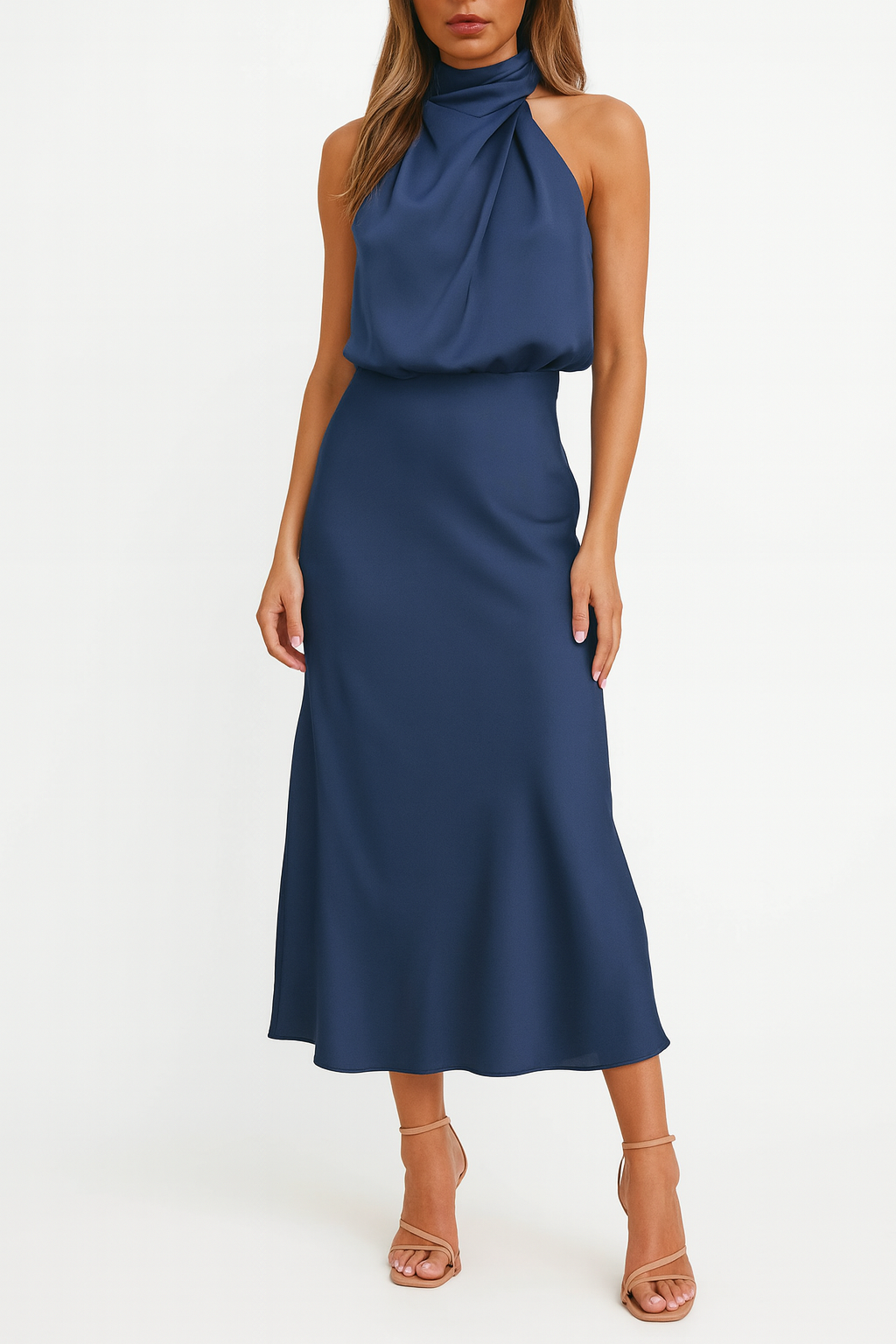 Women's Cocktail Dress – Satin Midi Dress with Draped Bodice for Formal Events 4