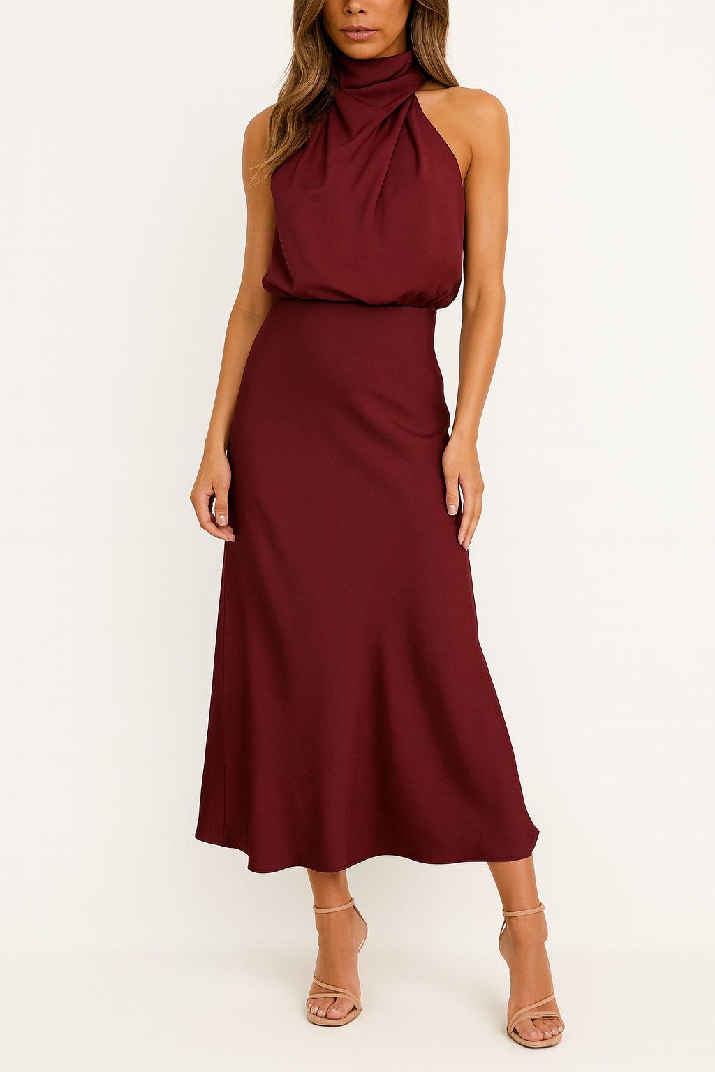 Women's Cocktail Dress – Satin Midi Dress with Draped Bodice for Formal Events 6