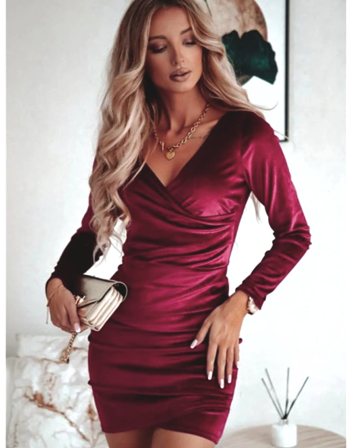 Women's Cocktail Dress – V-Neck Wrap Mini Dress with Long Sleeves for Evening Events 2