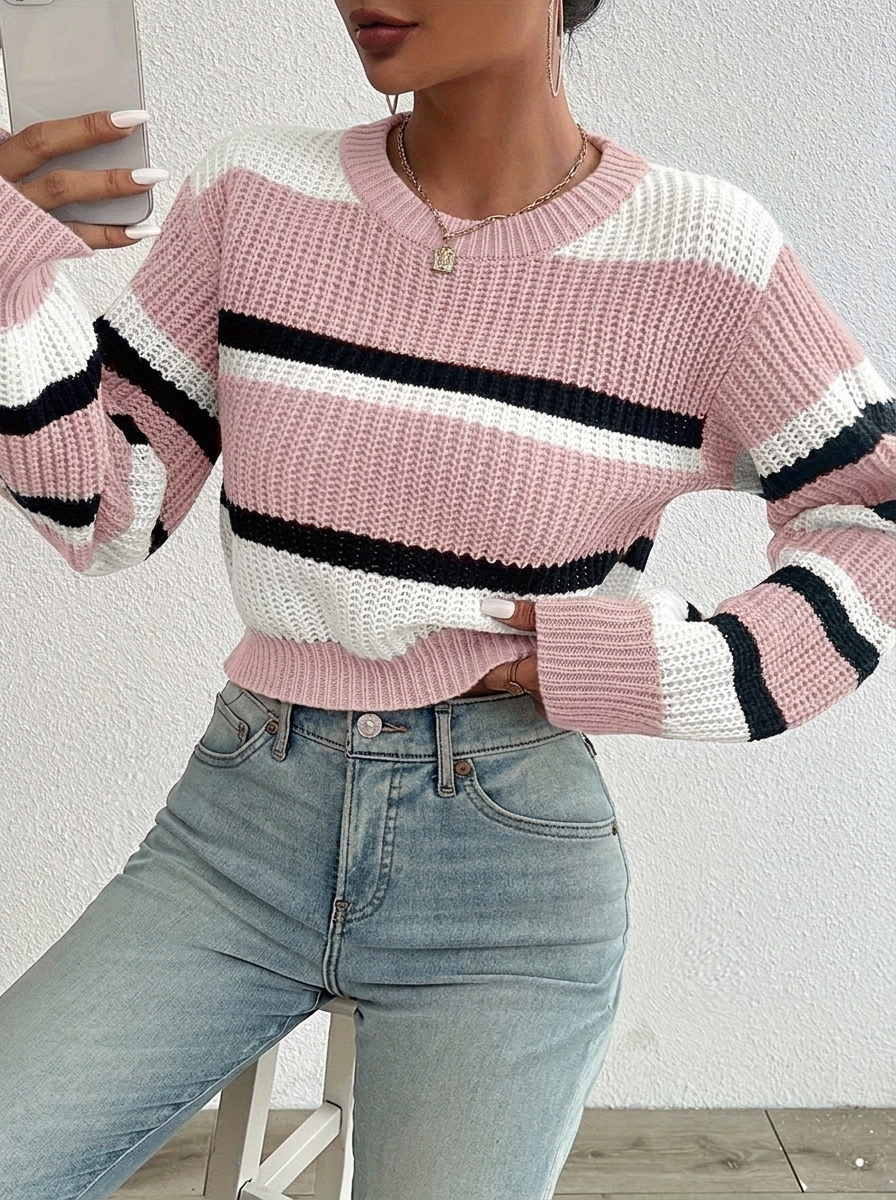 Women's Cropped Jumper – Striped Colour-Block Knit for Casual Weekend Wear 2