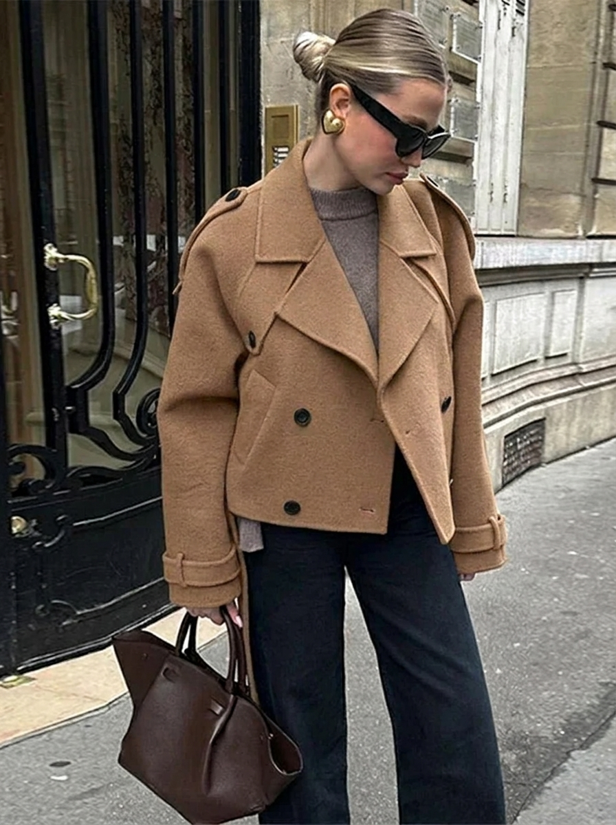 Women's Cropped Trench Coat – Double-Breasted Design for Autumn-Winter Fashion 0