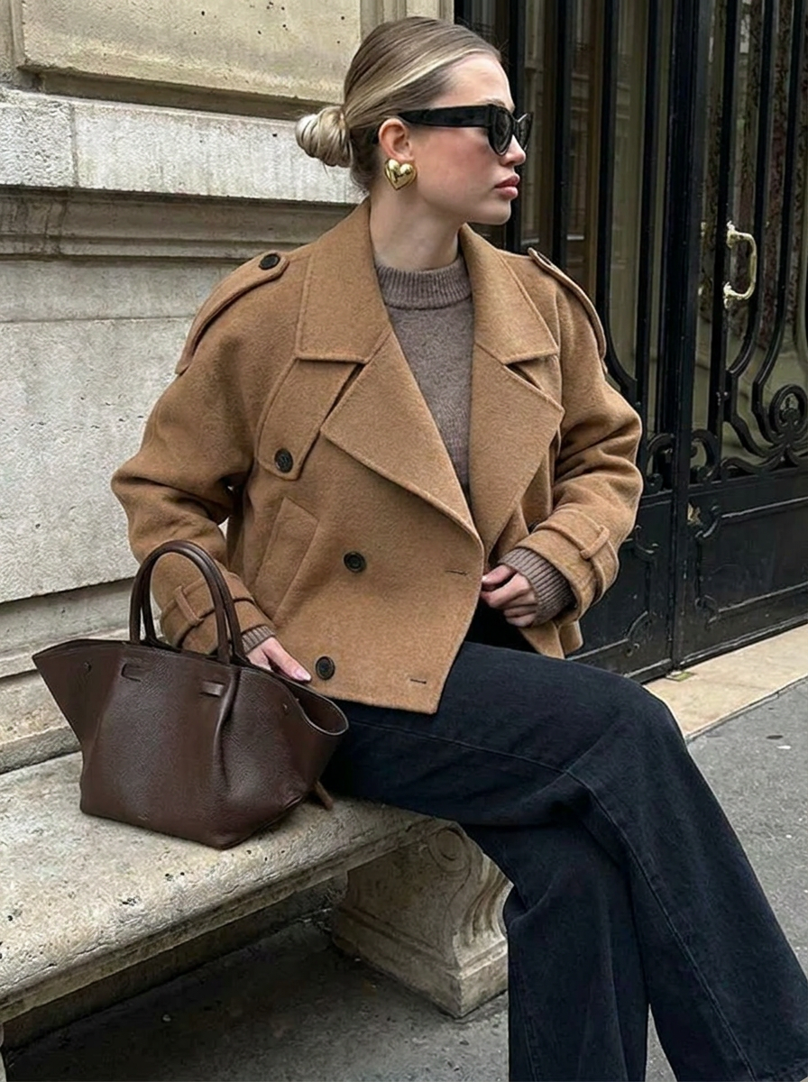 Women's Cropped Trench Coat – Double-Breasted Design for Autumn-Winter Fashion 4