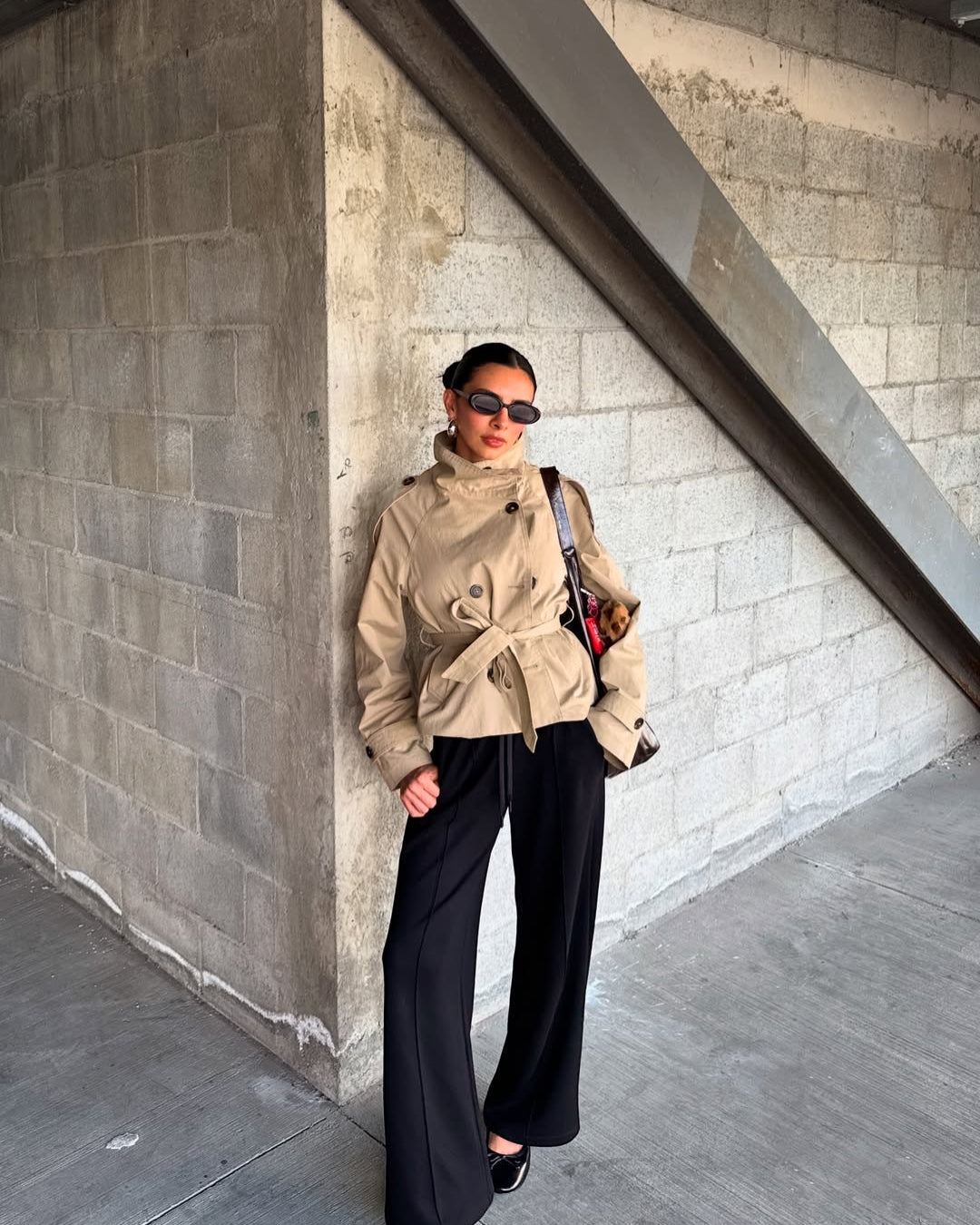 Women's Cropped Trench Coat – Double-Breasted with Belt for Versatile Styling 0