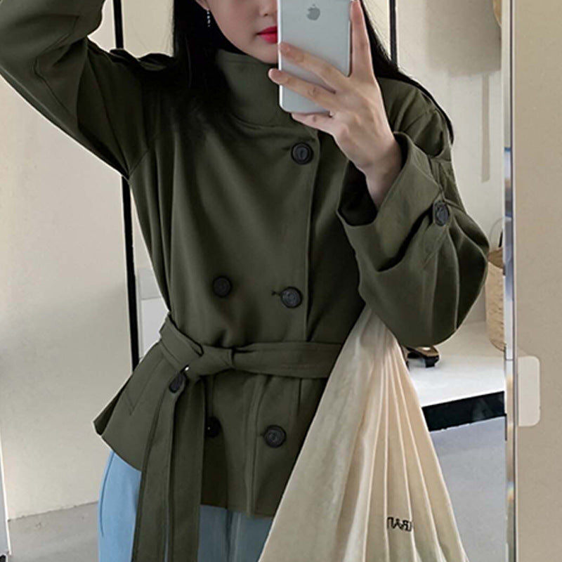 Women's Cropped Trench Coat – Double-Breasted with Belted Waist for Transitional Weather 3