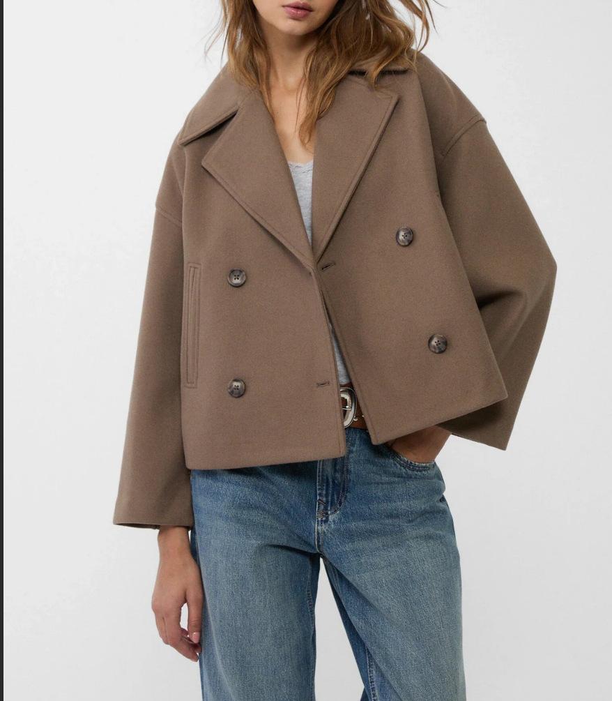 Women's Cropped Trench Coat – Double-Breasted with Notched Lapel for Casual Wear 1
