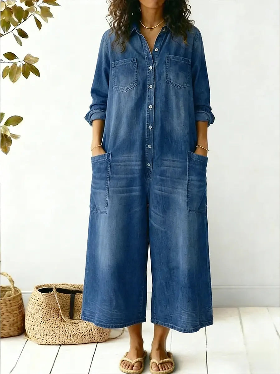 Women's Denim Jumpsuit with Button-Front – Wide-Leg Relaxed Fit for Casual Wear 1