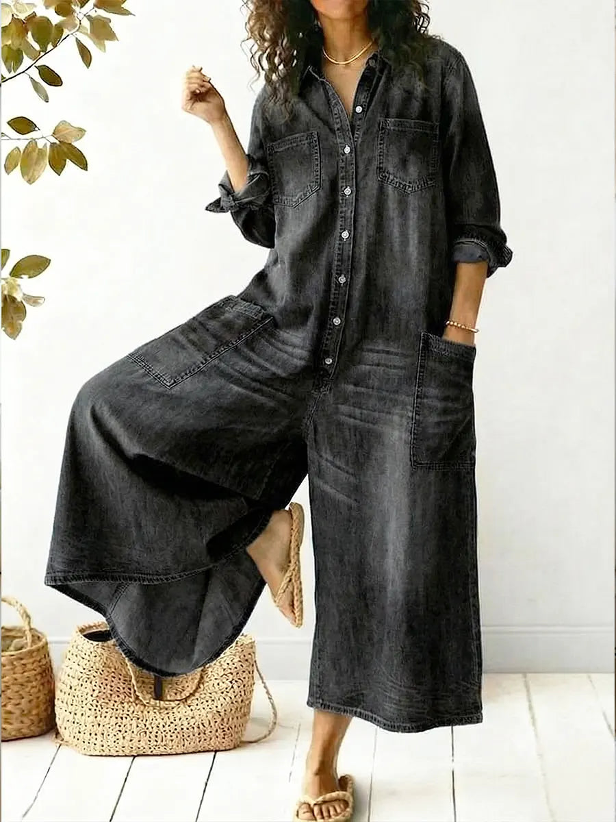 Women's Denim Jumpsuit with Button-Front – Wide-Leg Relaxed Fit for Casual Wear 2