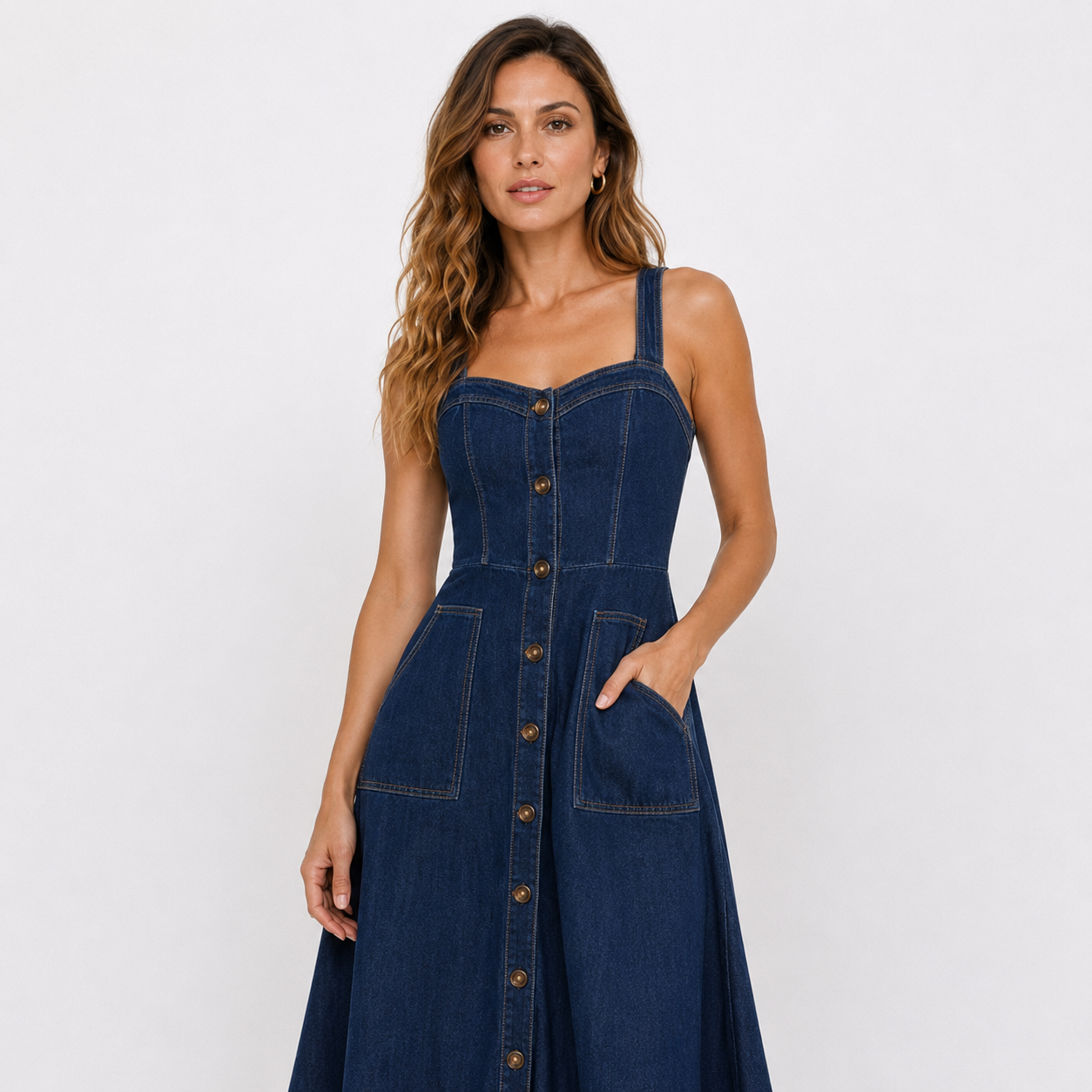 Women's Denim Midi Dress – Sweetheart Neckline with Front Pockets for Summer Casual Wear 0