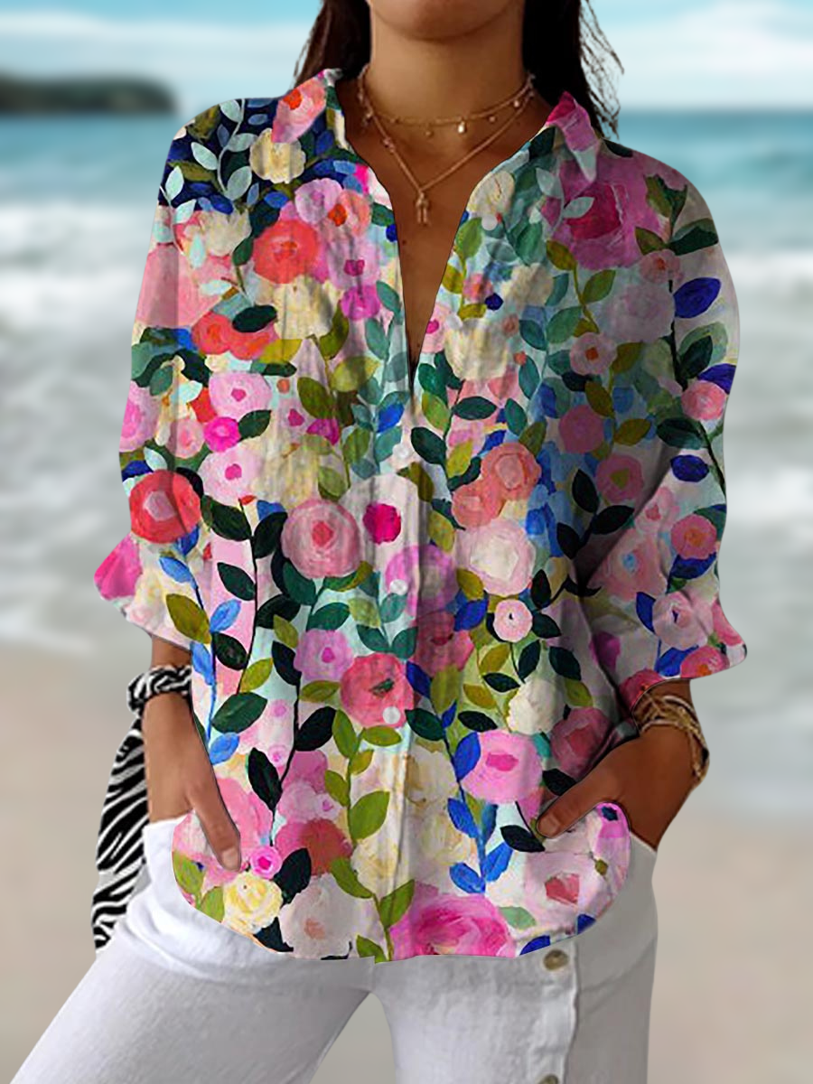Women's Floral Blouse – Relaxed Fit, Lightweight Canvas for Casual and Workwear 0