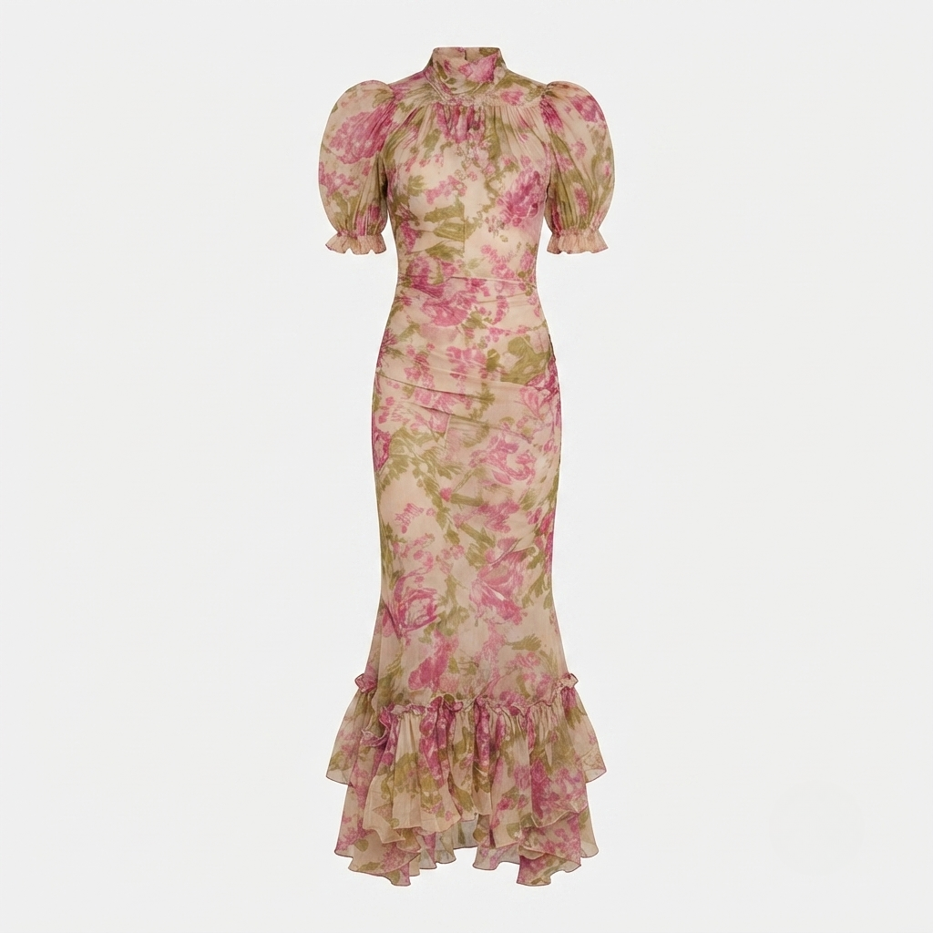 Women's Floral Maxi Dress - Mermaid Cut with Puff Sleeves for Summer Weddings and Events 1