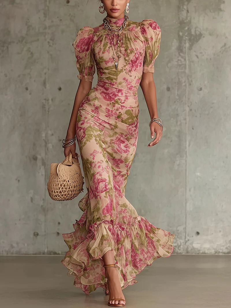 Women's Floral Maxi Dress - Mermaid Cut with Puff Sleeves for Summer Weddings and Events 2