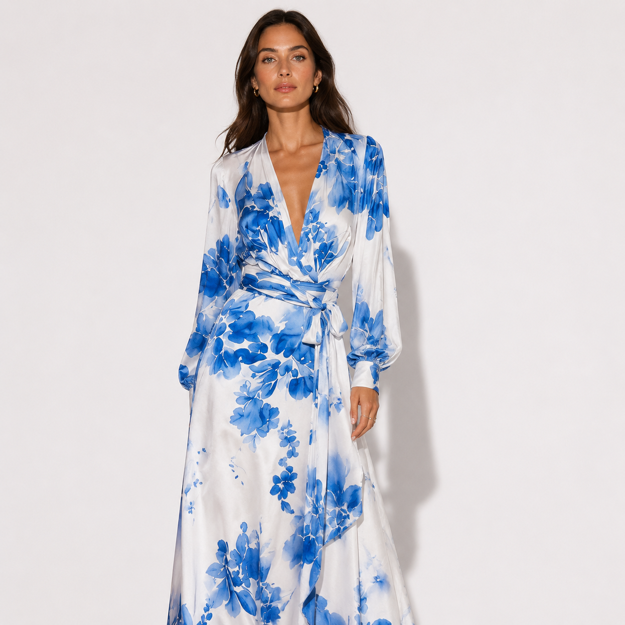 Women's Floral Maxi Dress – Chiffon with Tie Waist and Lantern Sleeves for Evening Events 0
