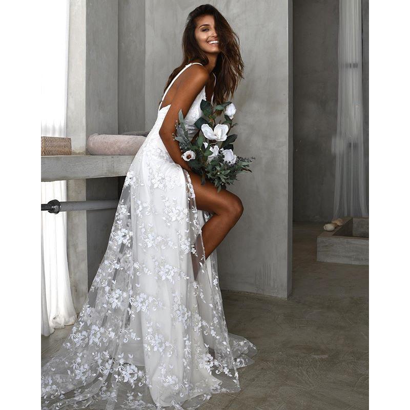 Women's Floral Maxi Dress – Thigh Split and Open Back for Formal Weddings 1