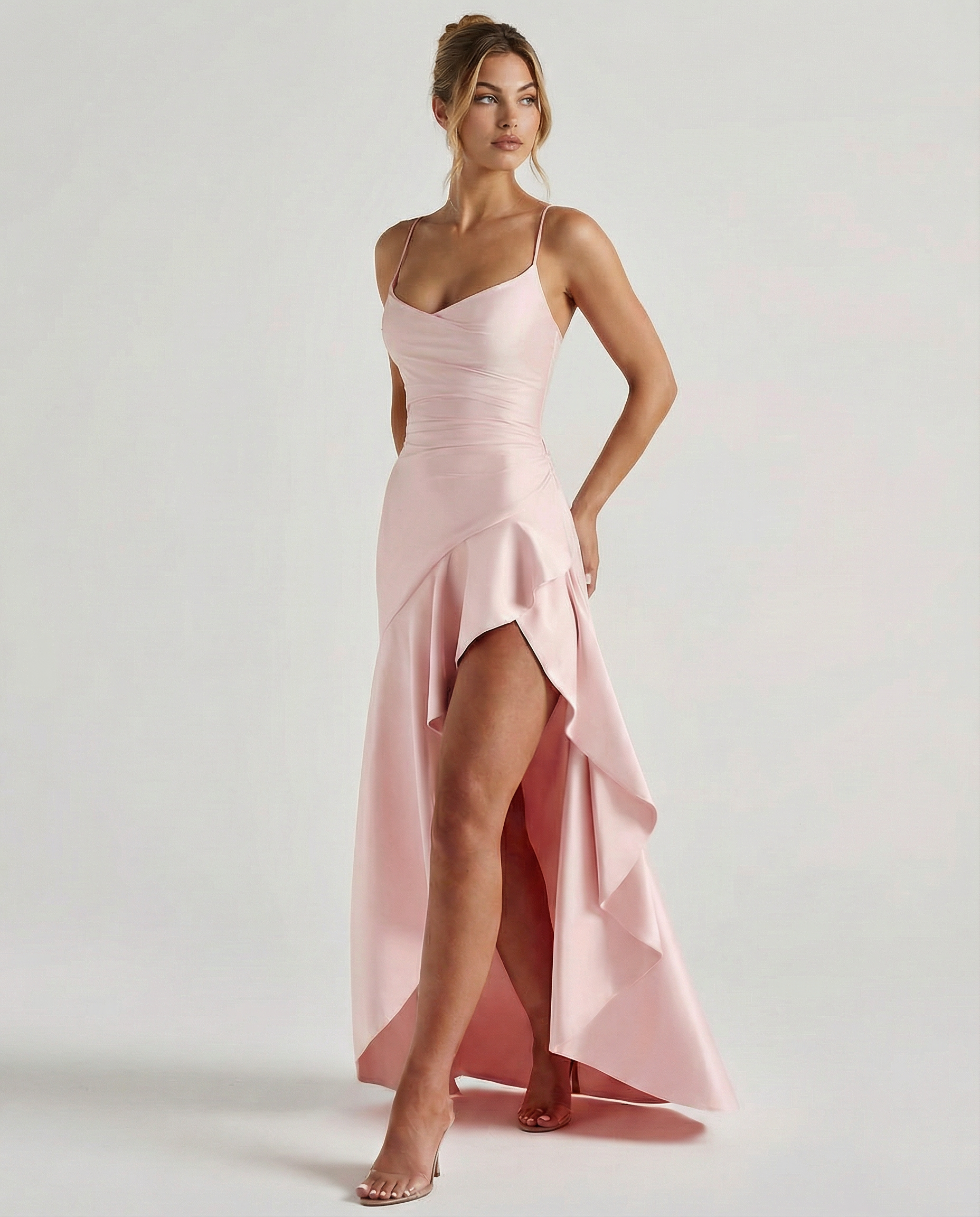 Women's Formal Satin High-Low Maxi Dress with Draped Neckline for Special Occasions 0