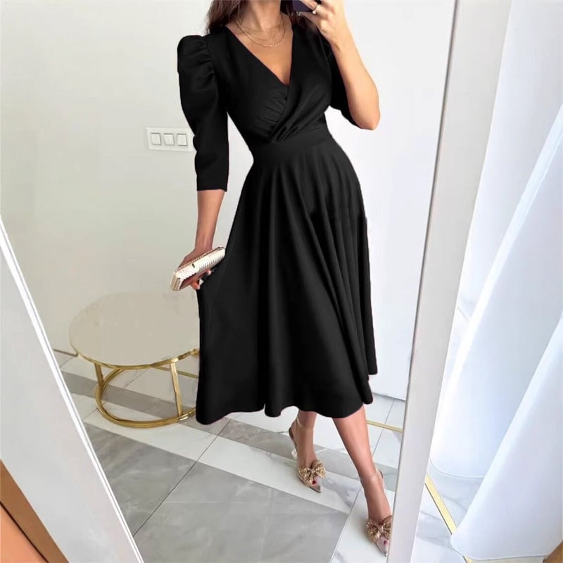 Women's Formal Wrap Midi Dress with Puff Sleeves – Defined Waist for Work and Events 0