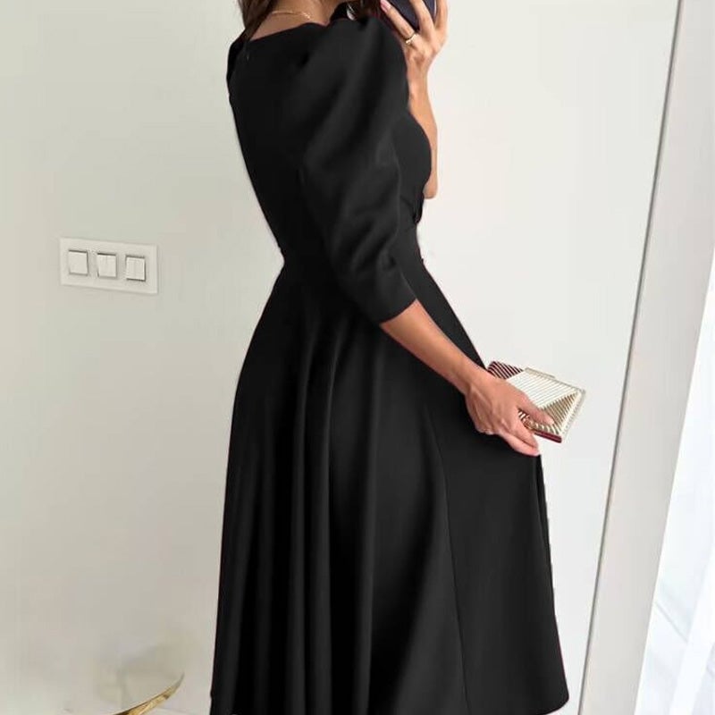 Women's Formal Wrap Midi Dress with Puff Sleeves – Defined Waist for Work and Events 1