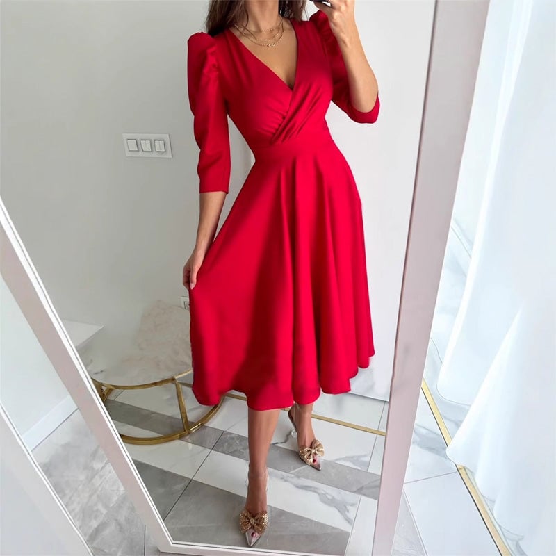 Women's Formal Wrap Midi Dress with Puff Sleeves – Defined Waist for Work and Events 2