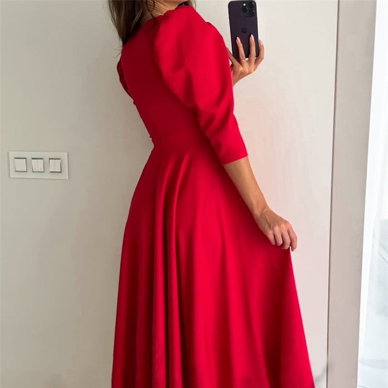 Women's Formal Wrap Midi Dress with Puff Sleeves – Defined Waist for Work and Events 3