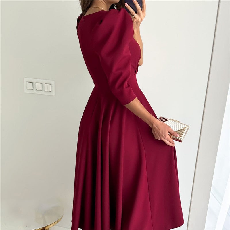 Women's Formal Wrap Midi Dress with Puff Sleeves – Defined Waist for Work and Events 6