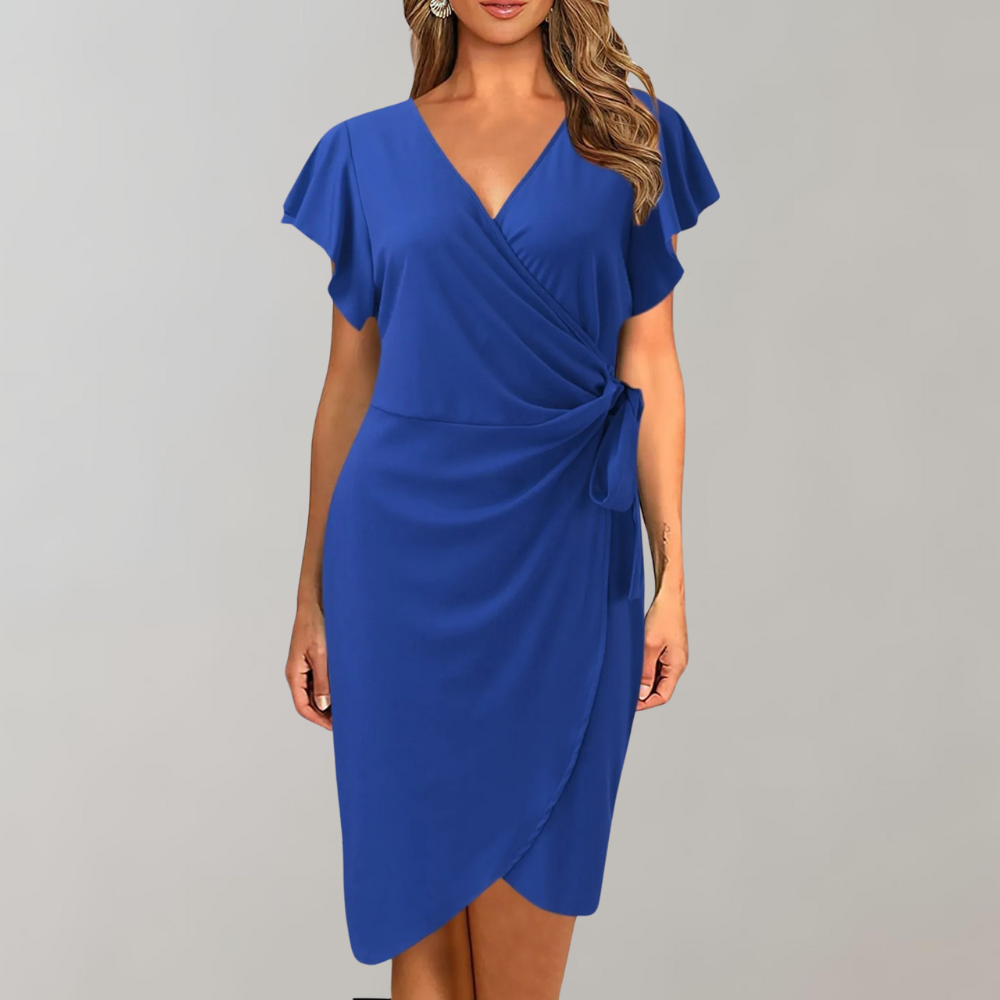 Women's Formal Wrap Midi Dress with Side Tie Waist – Crossover V-Neck and Flutter Sleeves 1