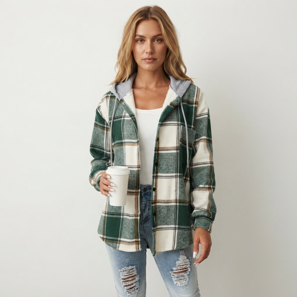 Women's Hooded Plaid Flannel Shacket – Relaxed Oversized Fit for Autumn and Winter 0