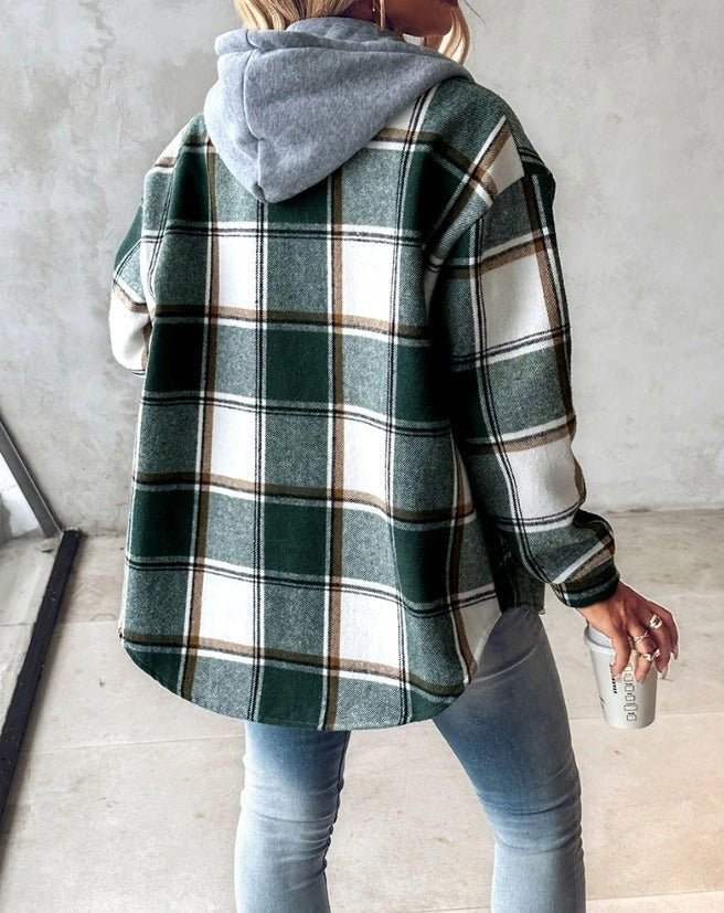 Women's Hooded Plaid Flannel Shacket – Relaxed Oversized Fit for Autumn and Winter 3