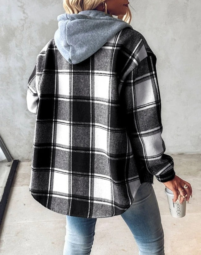 Women's Hooded Plaid Flannel Shacket – Relaxed Oversized Fit for Autumn and Winter 5