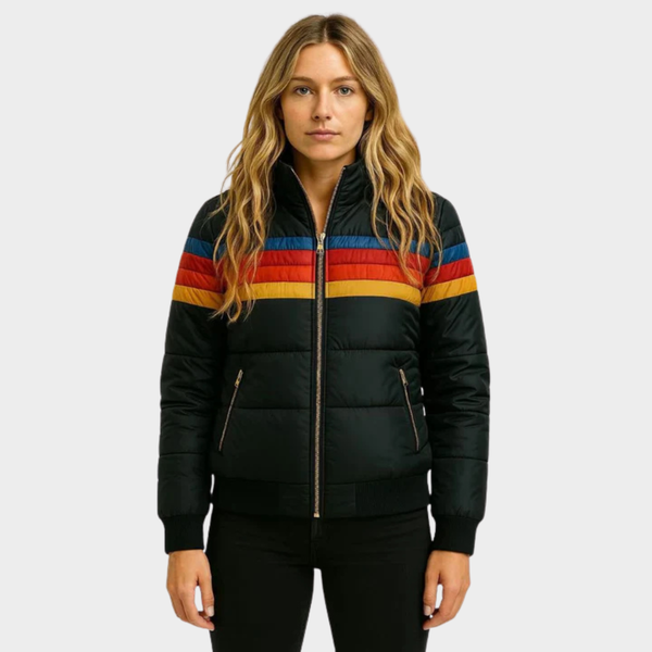 Women's Hooded Puffer Jacket – Retro Striped Design for Winter Casual Wear 3