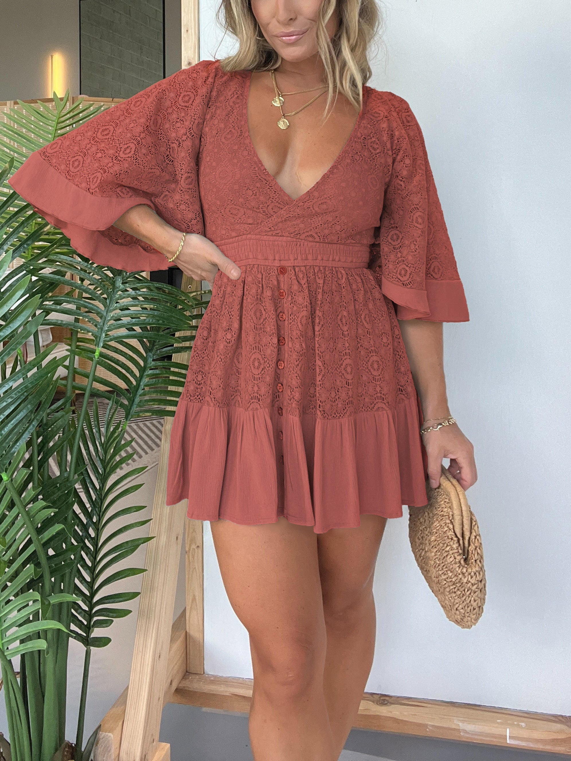 Women's Lace Mini Dress for Summer – V-Neck, Built-In Shorts, Flared Sleeves 1