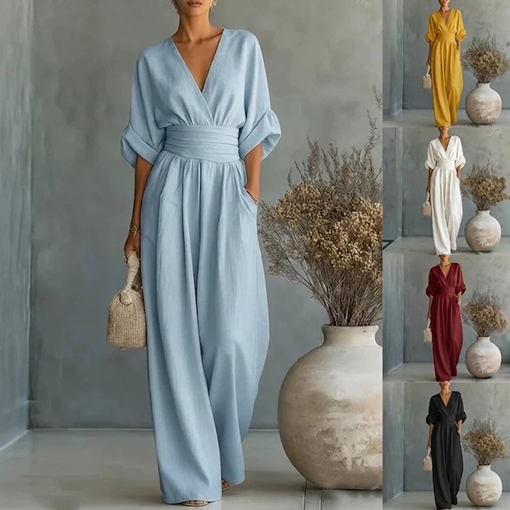 Linen Jumpsuit with Cinched Waist – Wide-Leg, Deep V-Neck for Summer Casual Wear 5