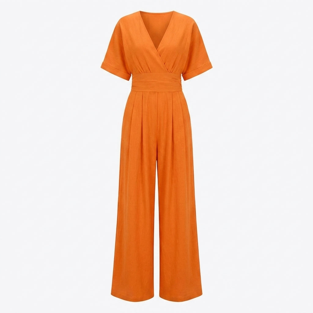 Linen Jumpsuit with Cinched Waist – Wide-Leg, Deep V-Neck for Summer Casual Wear 13