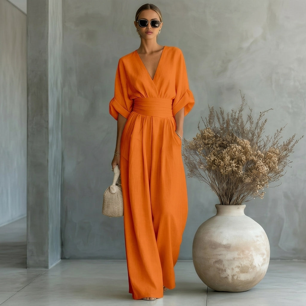 Linen Jumpsuit with Cinched Waist – Wide-Leg, Deep V-Neck for Summer Casual Wear 14