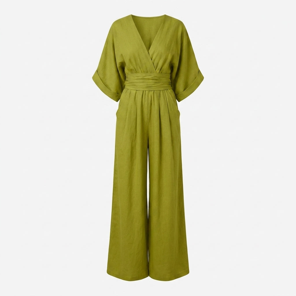 Linen Jumpsuit with Cinched Waist – Wide-Leg, Deep V-Neck for Summer Casual Wear 15
