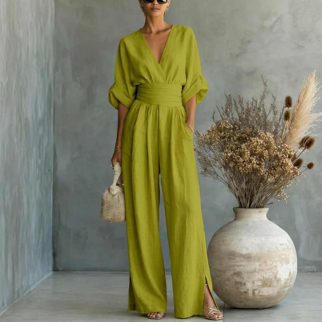 Linen Jumpsuit with Cinched Waist – Wide-Leg, Deep V-Neck for Summer Casual Wear 16