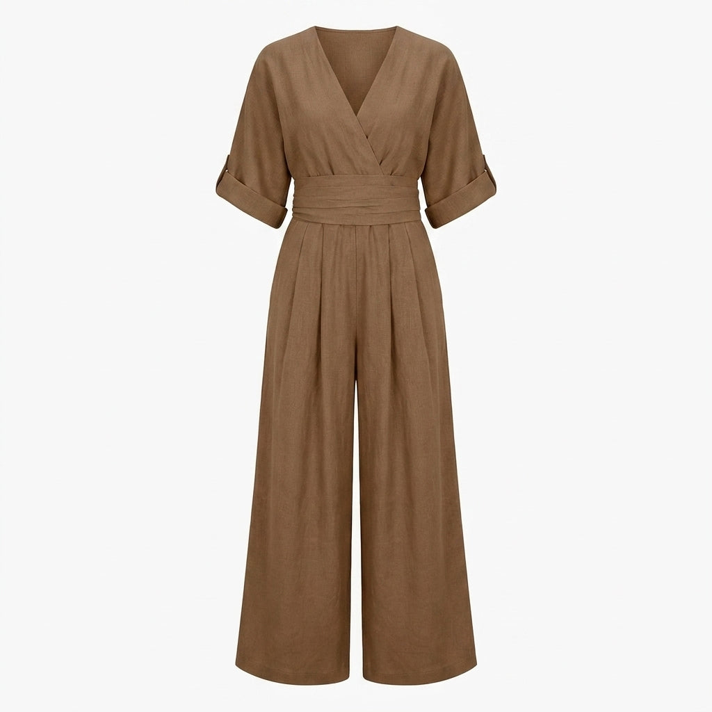 Linen Jumpsuit with Cinched Waist – Wide-Leg, Deep V-Neck for Summer Casual Wear 17