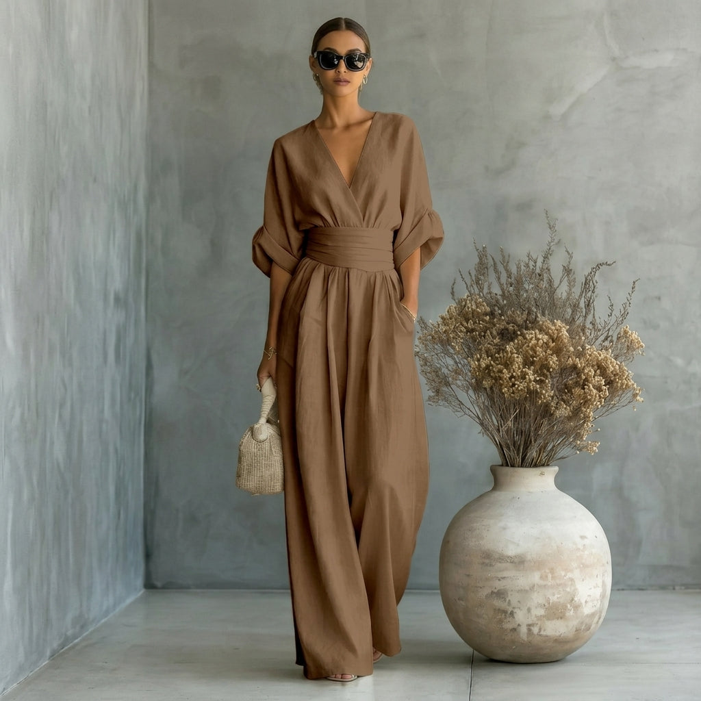 Linen Jumpsuit with Cinched Waist – Wide-Leg, Deep V-Neck for Summer Casual Wear 18