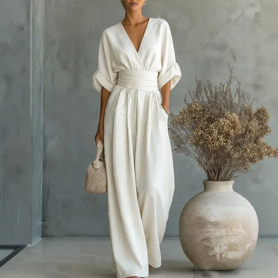 Women's Linen Jumpsuit with Cinched Waist – Wide-Leg, Deep V-Neck for Summer Casual Wear 2