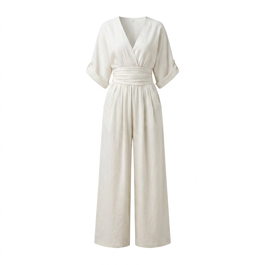 Linen Jumpsuit with Cinched Waist – Wide-Leg, Deep V-Neck for Summer Casual Wear 8