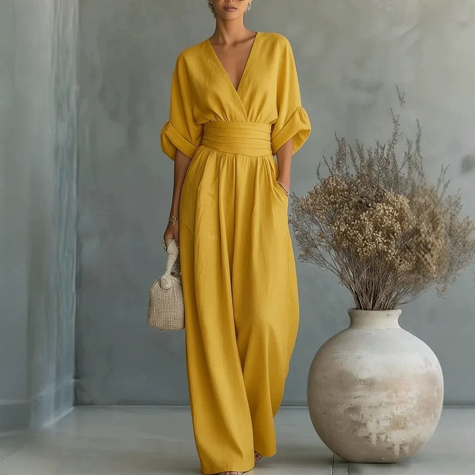 Women's Linen Jumpsuit with Cinched Waist – Wide-Leg, Deep V-Neck for Summer Casual Wear 3