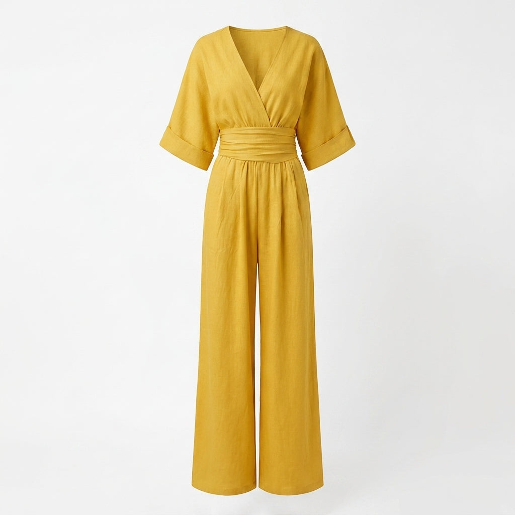 Linen Jumpsuit with Cinched Waist – Wide-Leg, Deep V-Neck for Summer Casual Wear 9