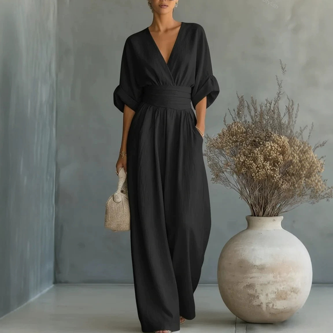 Women's Linen Jumpsuit with Cinched Waist – Wide-Leg, Deep V-Neck for Summer Casual Wear 4