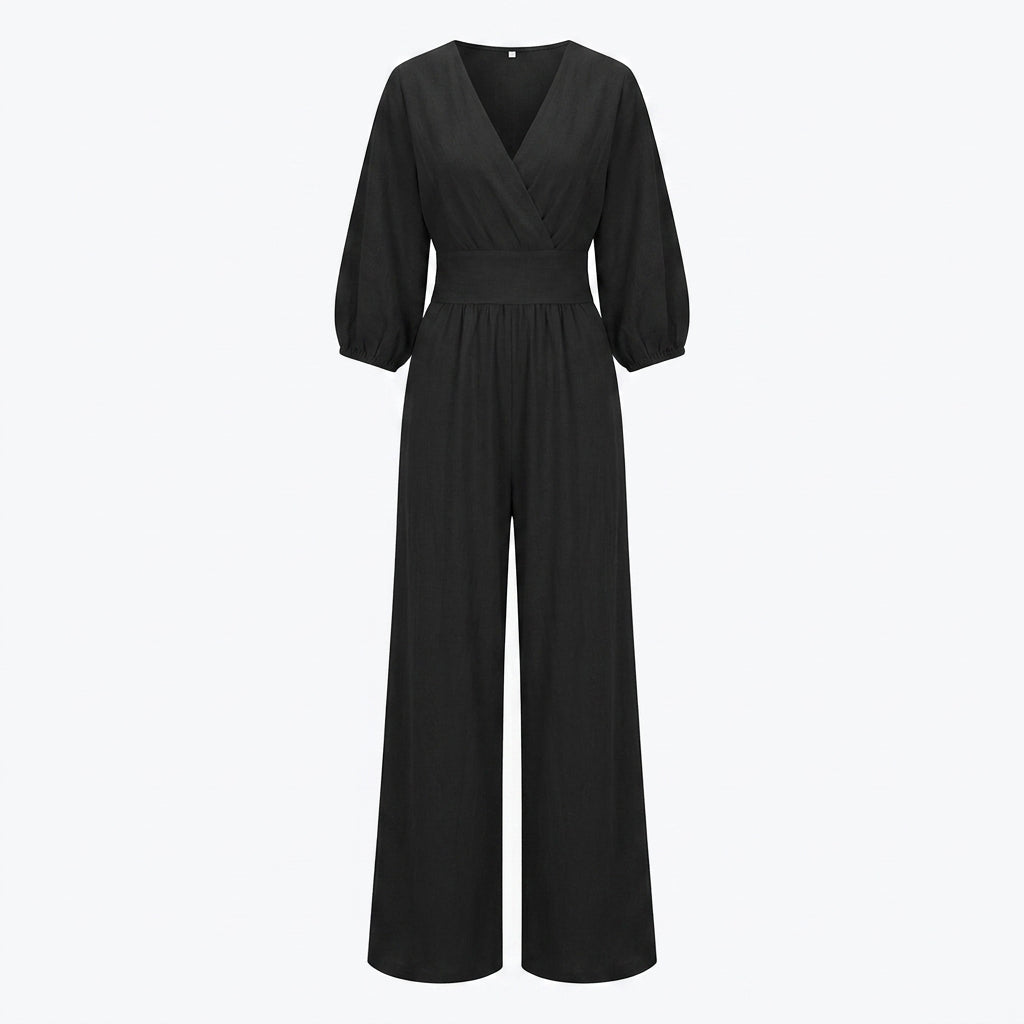 Linen Jumpsuit with Cinched Waist – Wide-Leg, Deep V-Neck for Summer Casual Wear 10