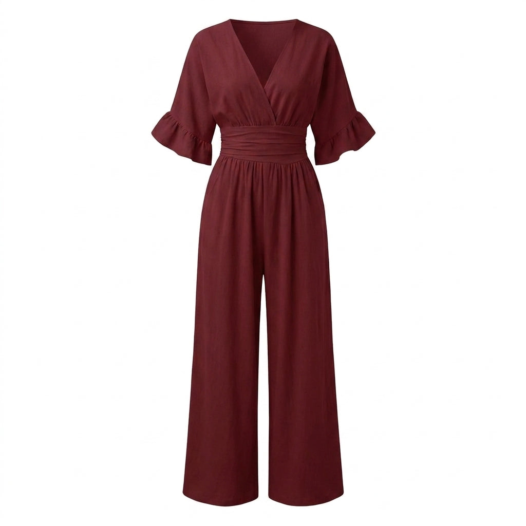 Linen Jumpsuit with Cinched Waist – Wide-Leg, Deep V-Neck for Summer Casual Wear 11