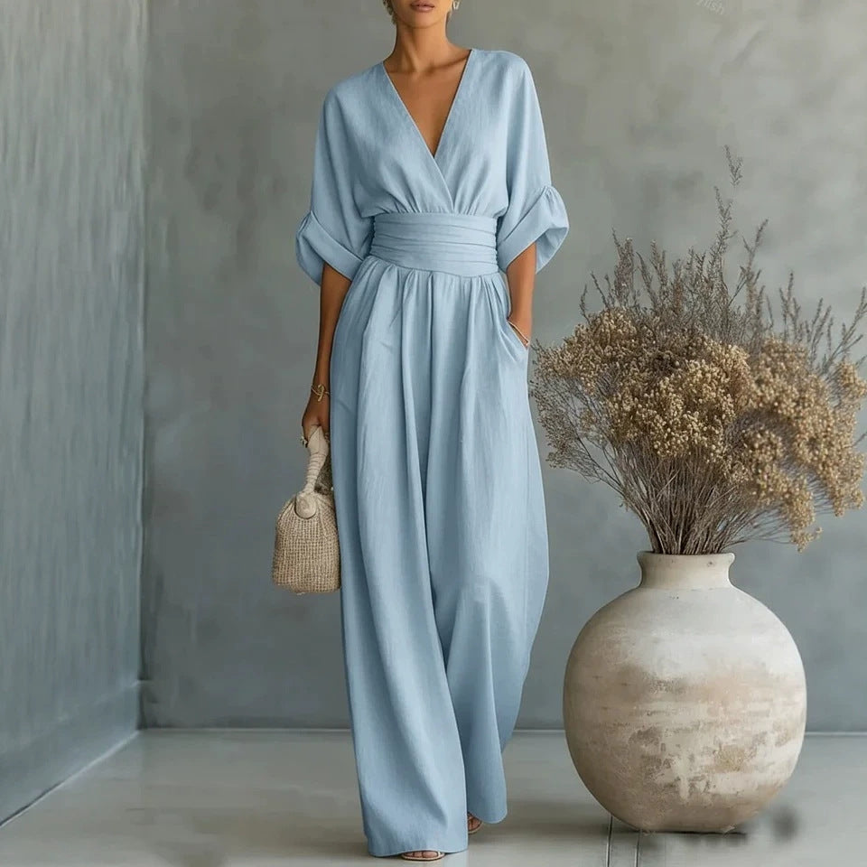 Women's Linen Jumpsuit with Cinched Waist – Wide-Leg, Deep V-Neck for Summer Casual Wear 6