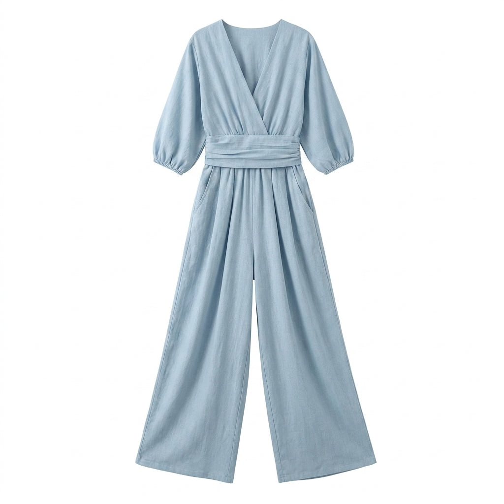 Linen Jumpsuit with Cinched Waist – Wide-Leg, Deep V-Neck for Summer Casual Wear 7